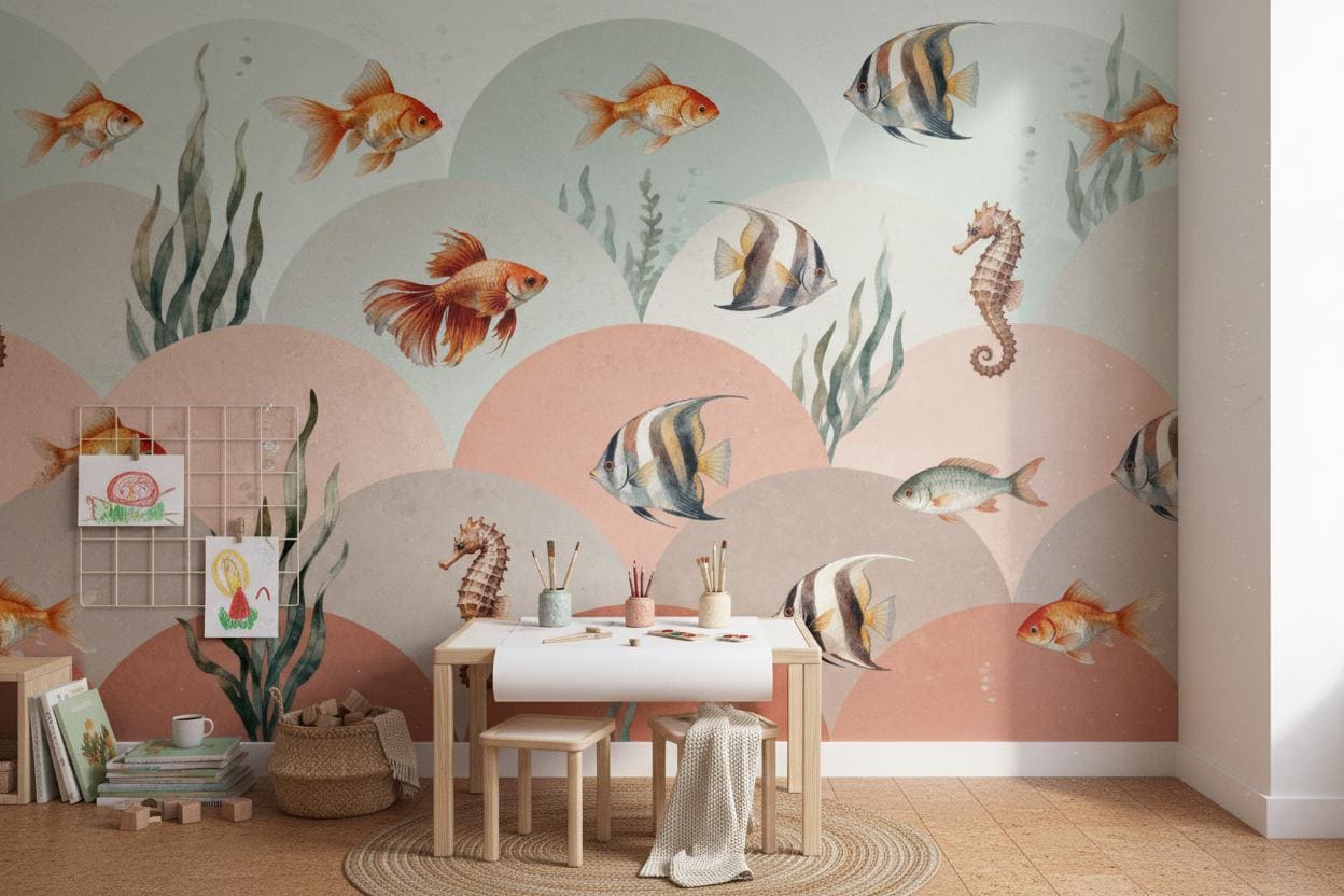 Underwater Fish Watercolor Green Coastal Wallpaper – lifestyle view, Golden Era Walls