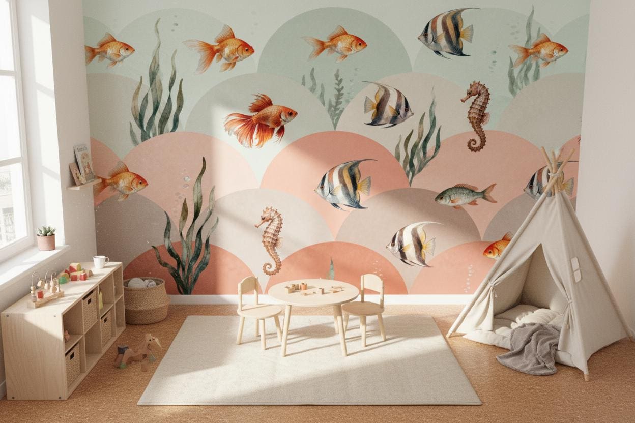 Underwater Fish Watercolor Green Coastal Wallpaper – detail view, Golden Era Walls