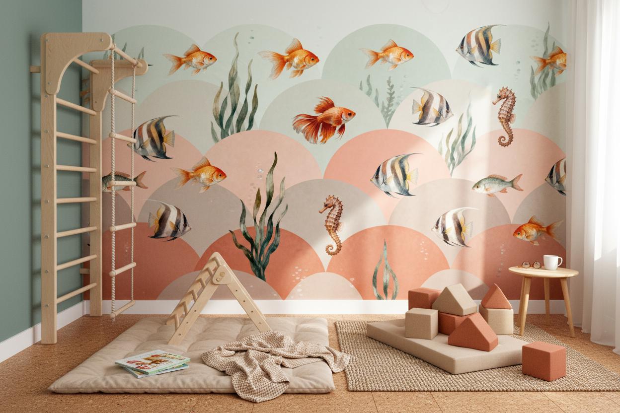Underwater Fish Watercolor Green Coastal Wallpaper – scale reference, Golden Era Walls