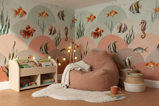 Underwater Fish Watercolor Green Coastal Wallpaper – room setting, Golden Era Walls