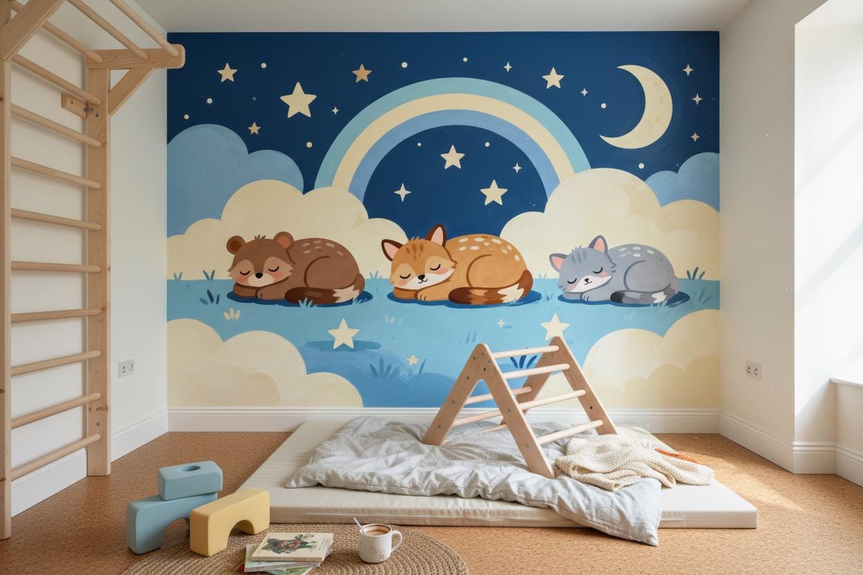 Woodland Animals Blue Rainbow Wallpaper – detail view, Golden Era Walls