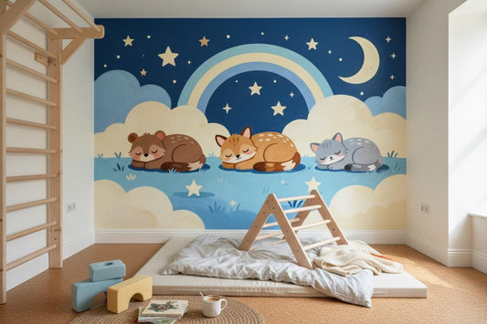 Woodland Animals Blue Rainbow Wallpaper – detail view, Golden Era Walls