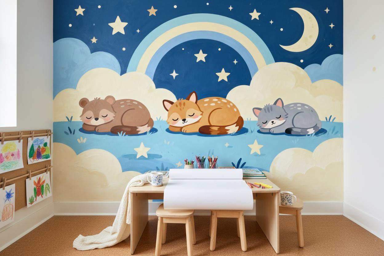 Woodland Animals Blue Rainbow Wallpaper – scale reference, Golden Era Walls