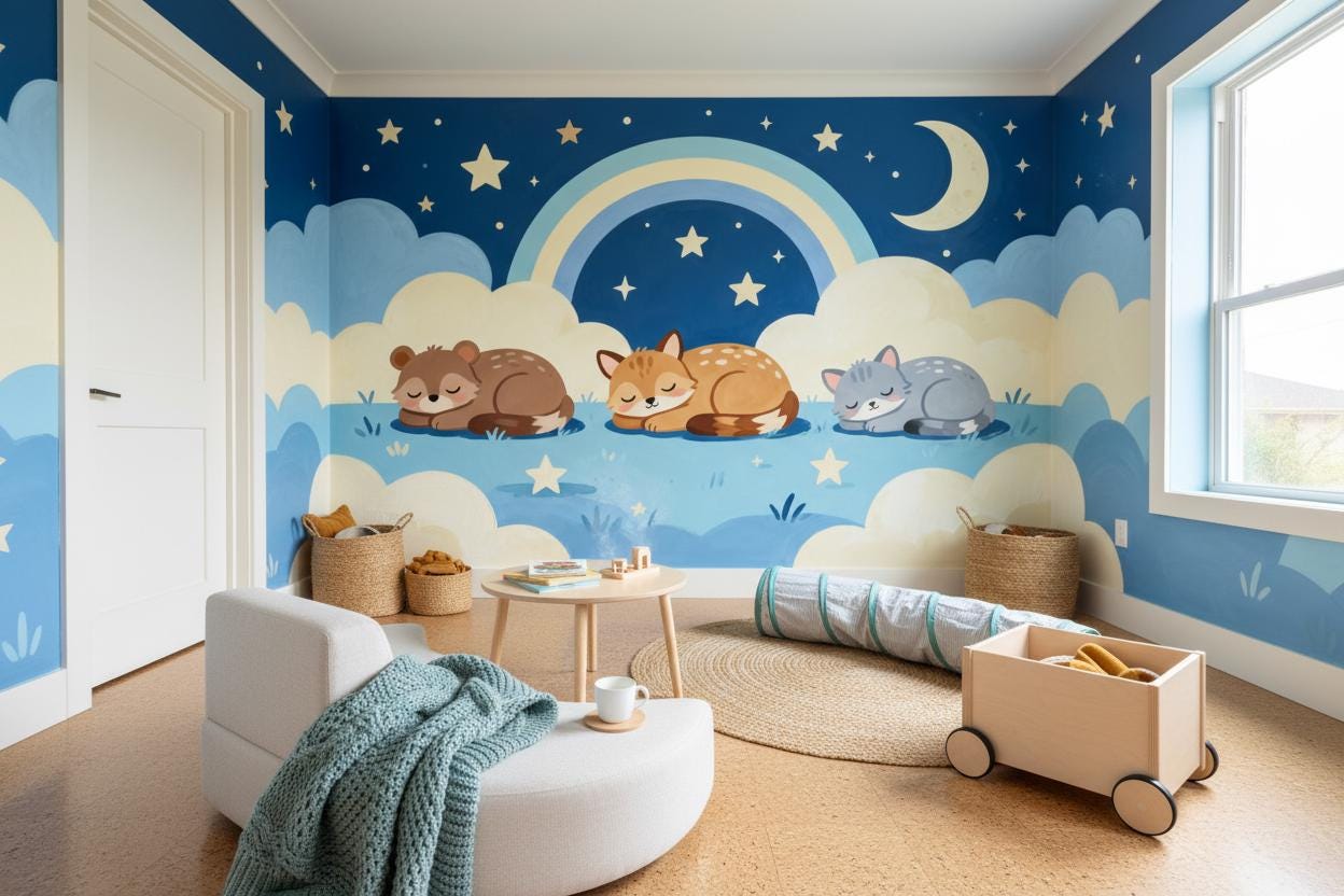 Woodland Animals Blue Rainbow Wallpaper – alternate view, Golden Era Walls