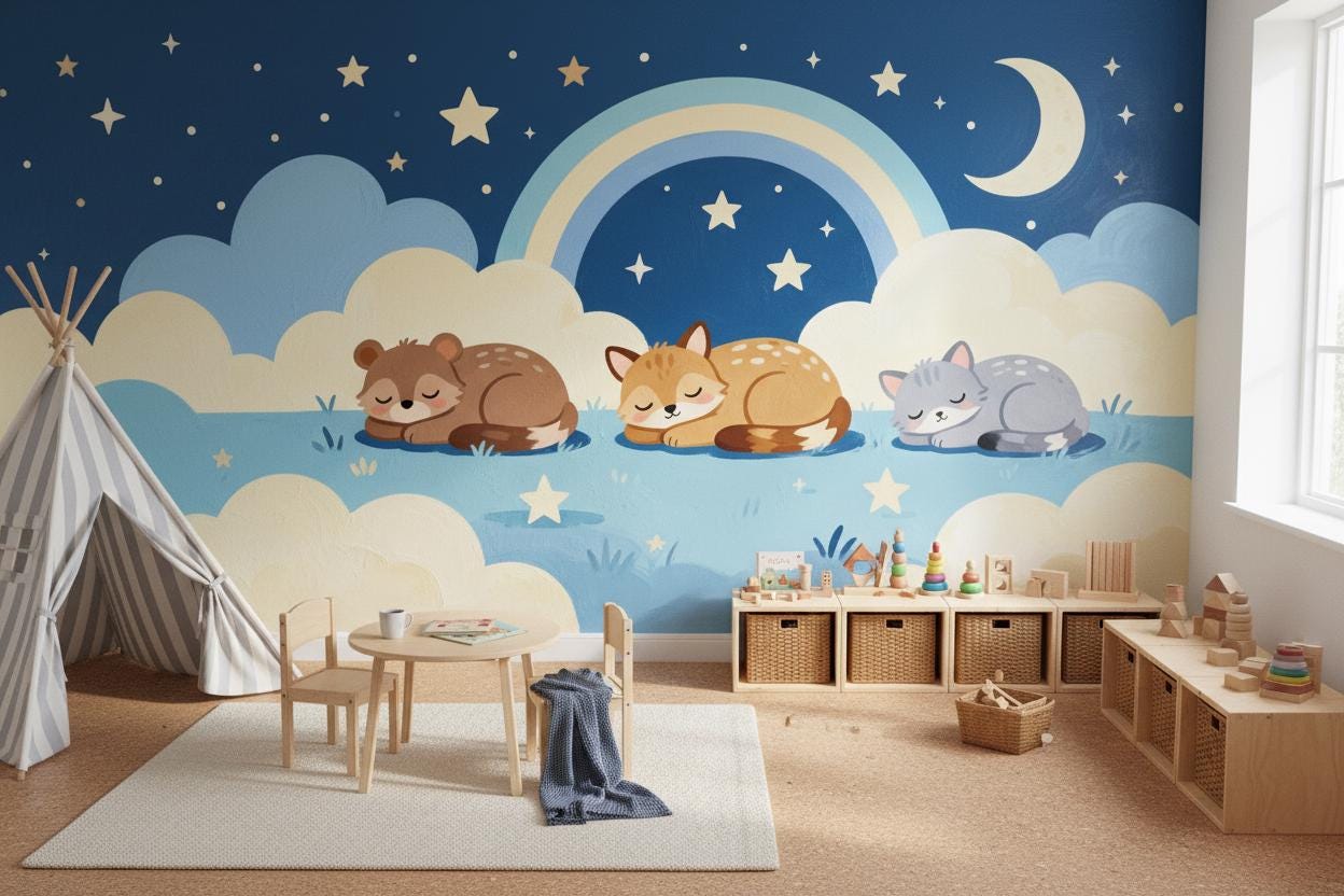 Woodland Animals Blue Rainbow Wallpaper – lifestyle view, Golden Era Walls