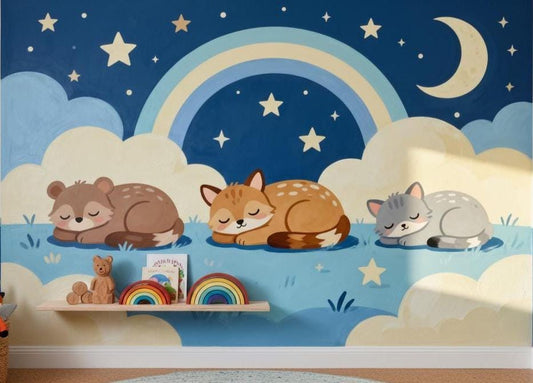Woodland Animals Blue Rainbow Wallpaper – room setting, Golden Era Walls