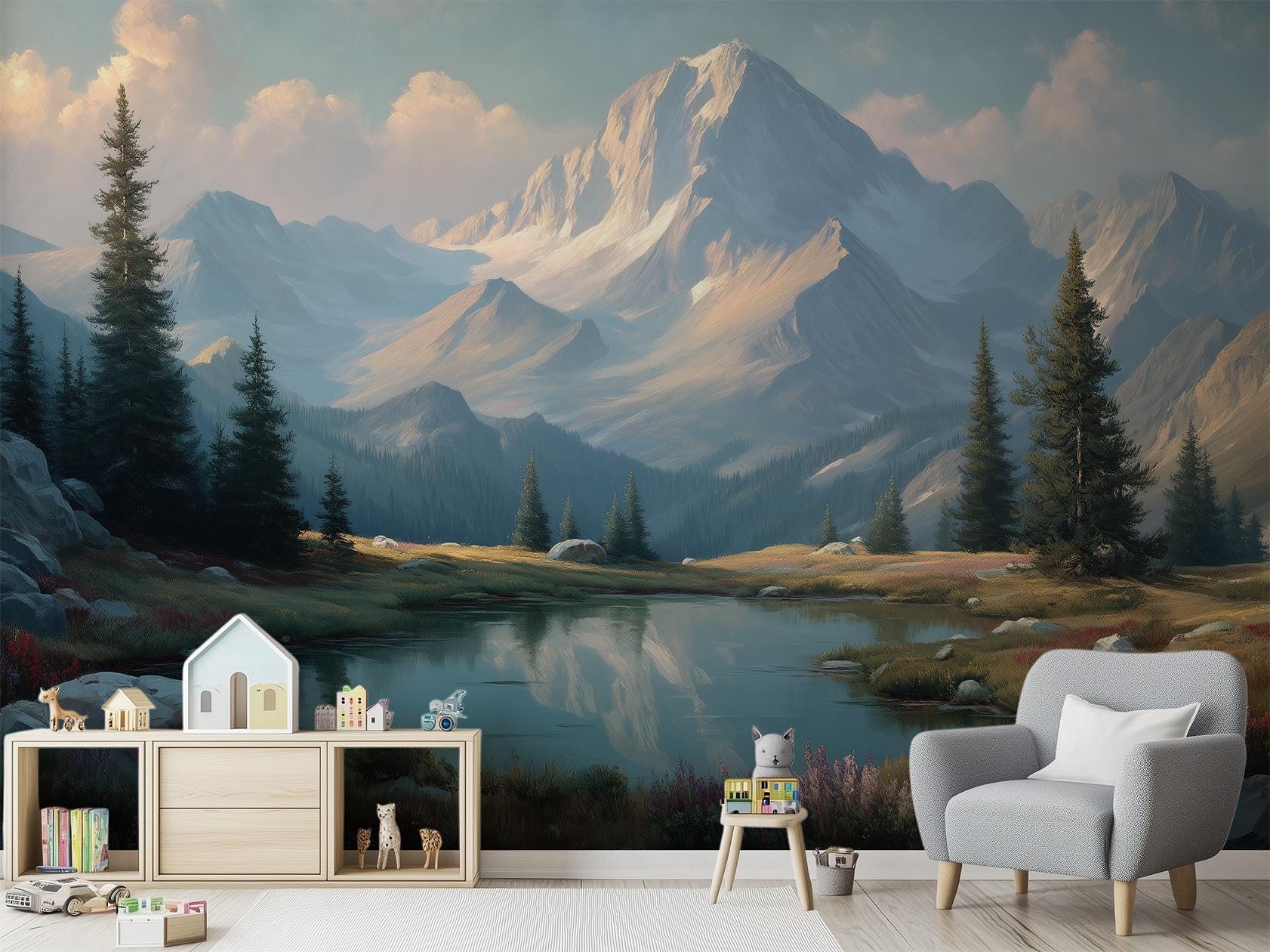 Alpine Mountain Snow Peaks Wallpaper – room setting, Golden Era Walls