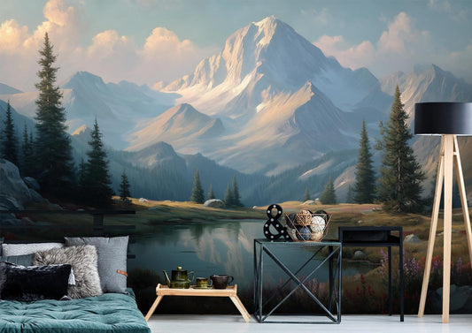 Alpine Mountain Snow Peaks Wallpaper – lifestyle view, Golden Era Walls