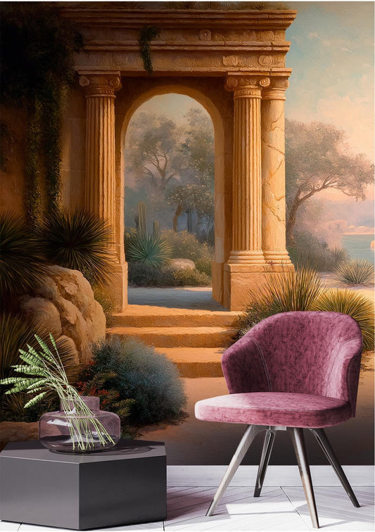 Ancient Archway Desert Mediterranean Wallpaper – room setting, Golden Era Walls