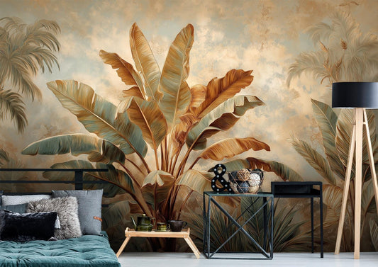Banana Leaf Oasis Tropical Floral Wallpaper – detail view, Golden Era Walls