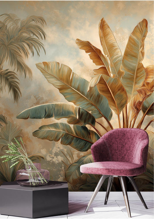 Banana Leaf Oasis Tropical Floral Wallpaper – peel and stick wallpaper mural, Golden Era Walls