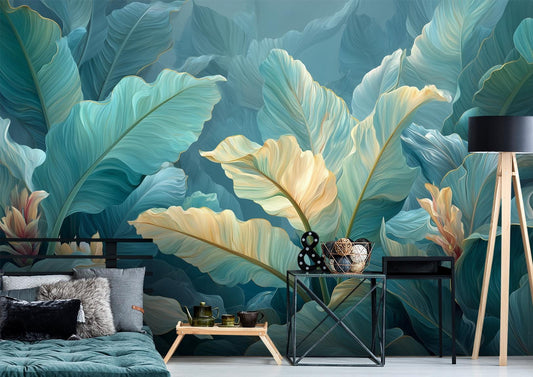 Banana Leaf Dreamy Aqua Floral Wallpaper – detail view, Golden Era Walls