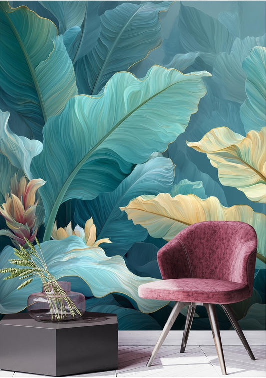 Banana Leaf Dreamy Aqua Floral Wallpaper – peel and stick wallpaper mural, Golden Era Walls