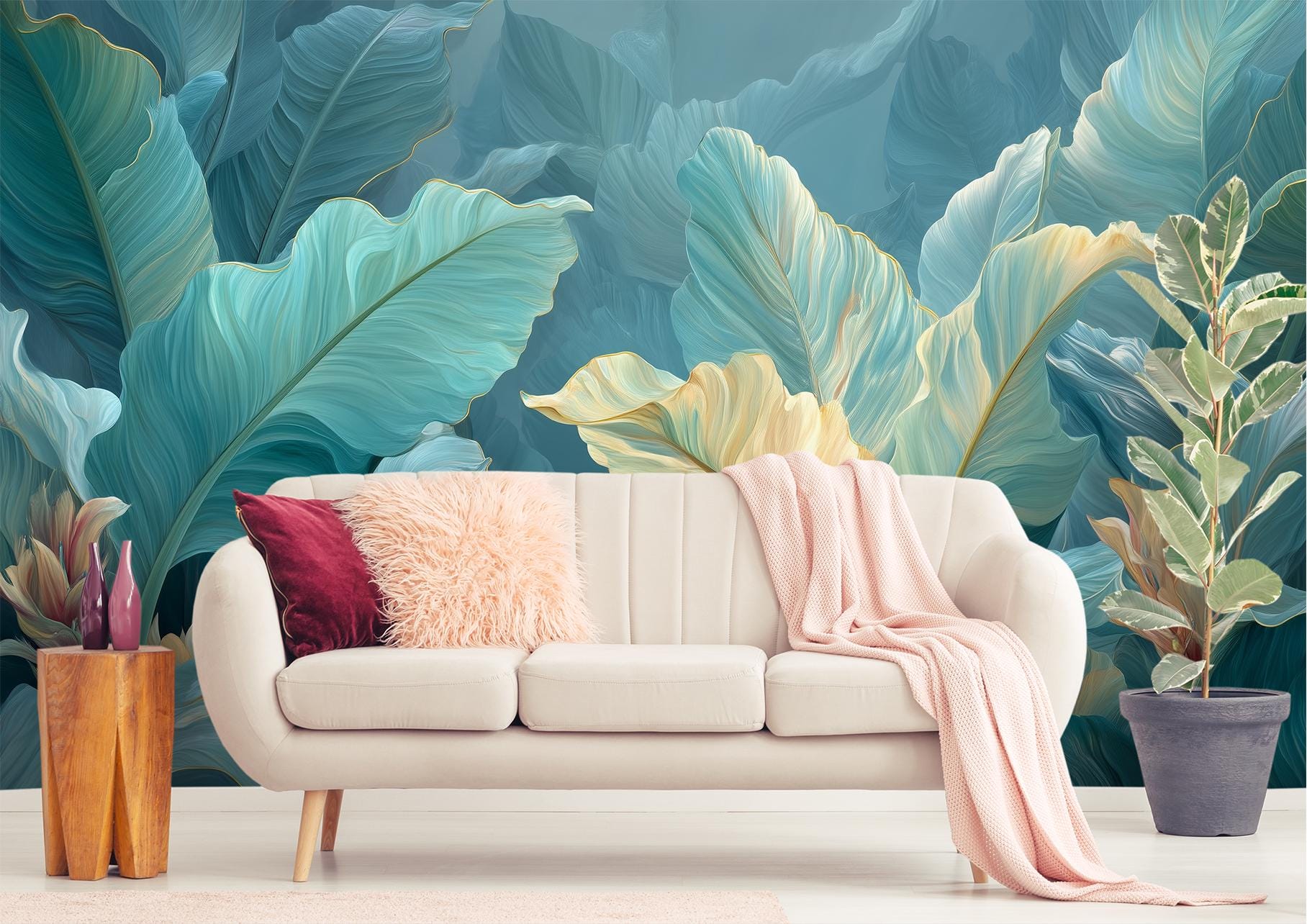 Banana Leaf Dreamy Aqua Floral Wallpaper – scale reference, Golden Era Walls