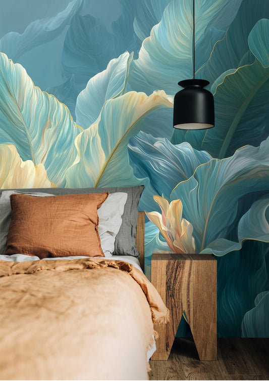 Banana Leaf Dreamy Aqua Floral Wallpaper – lifestyle view, Golden Era Walls
