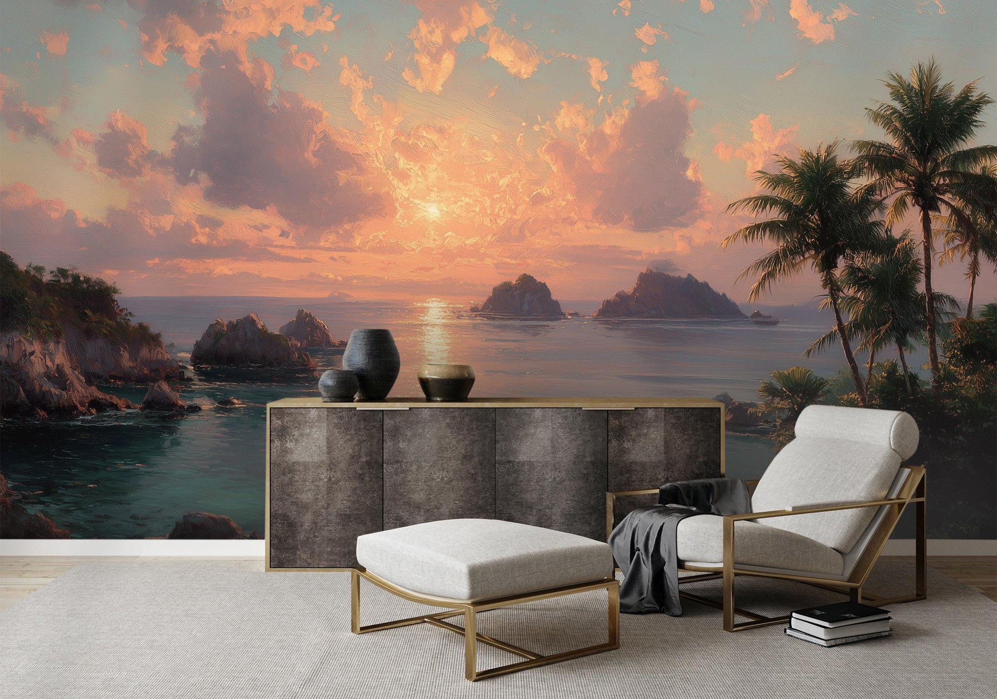 Beach Sunset Tropical Coastal Tropical Wallpaper – scale reference, Golden Era Walls