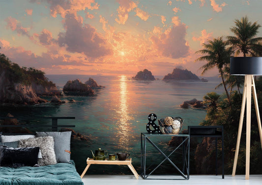 Beach Sunset Tropical Coastal Tropical Wallpaper – lifestyle view, Golden Era Walls