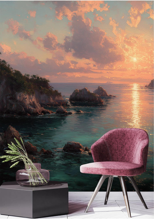 Beach Sunset Tropical Coastal Tropical Wallpaper – room setting, Golden Era Walls