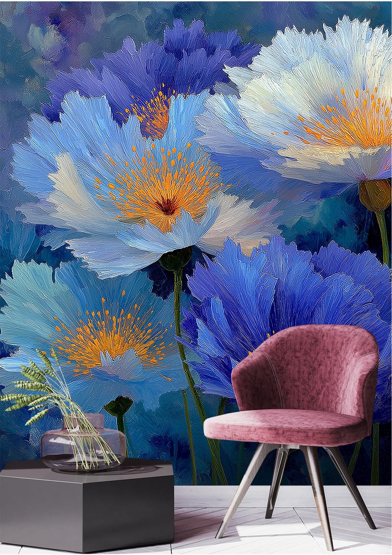 Blue Flower Botanical Decor Floral Wallpaper – room setting, Golden Era Walls