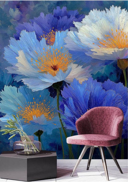 Blue Flower Botanical Decor Floral Wallpaper – room setting, Golden Era Walls