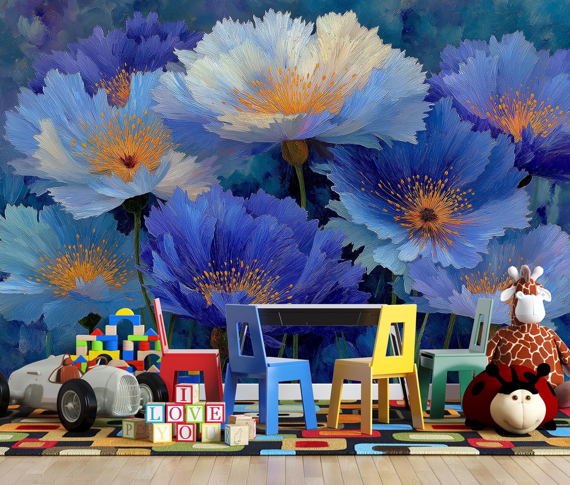 Blue Flower Botanical Decor Floral Wallpaper – lifestyle view, Golden Era Walls