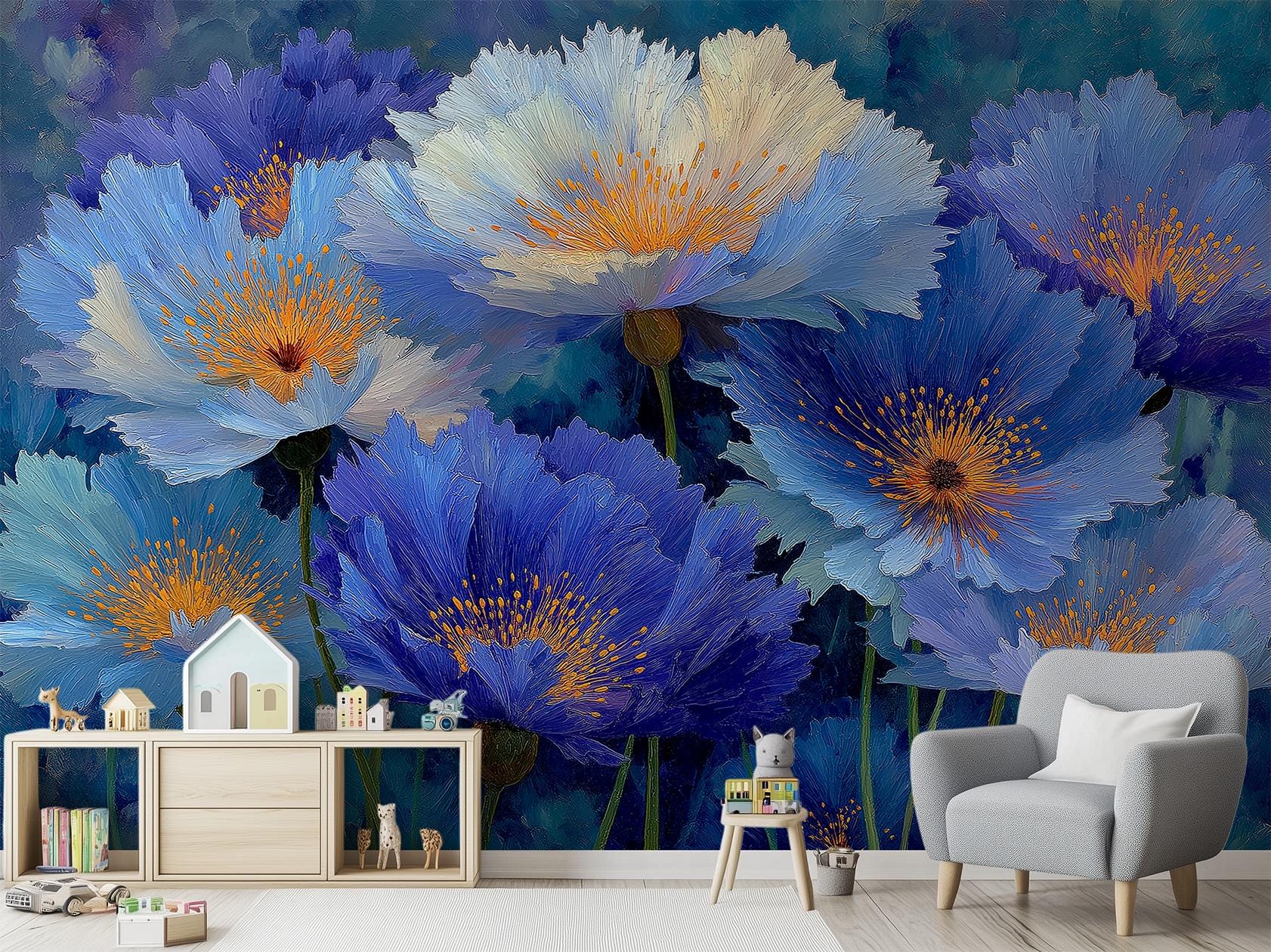 Blue Flower Botanical Decor Floral Wallpaper – alternate view, Golden Era Walls