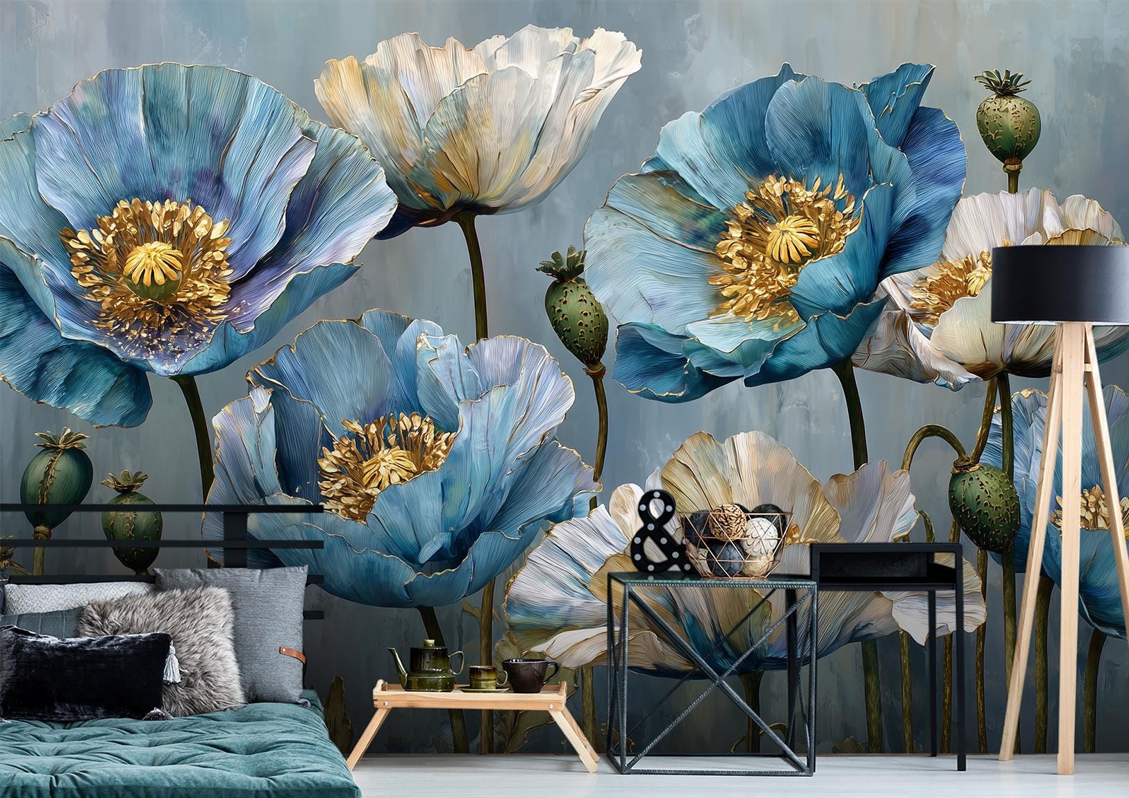 Blue Poppy Flower Hand Floral Wallpaper – peel and stick wallpaper mural, Golden Era Walls
