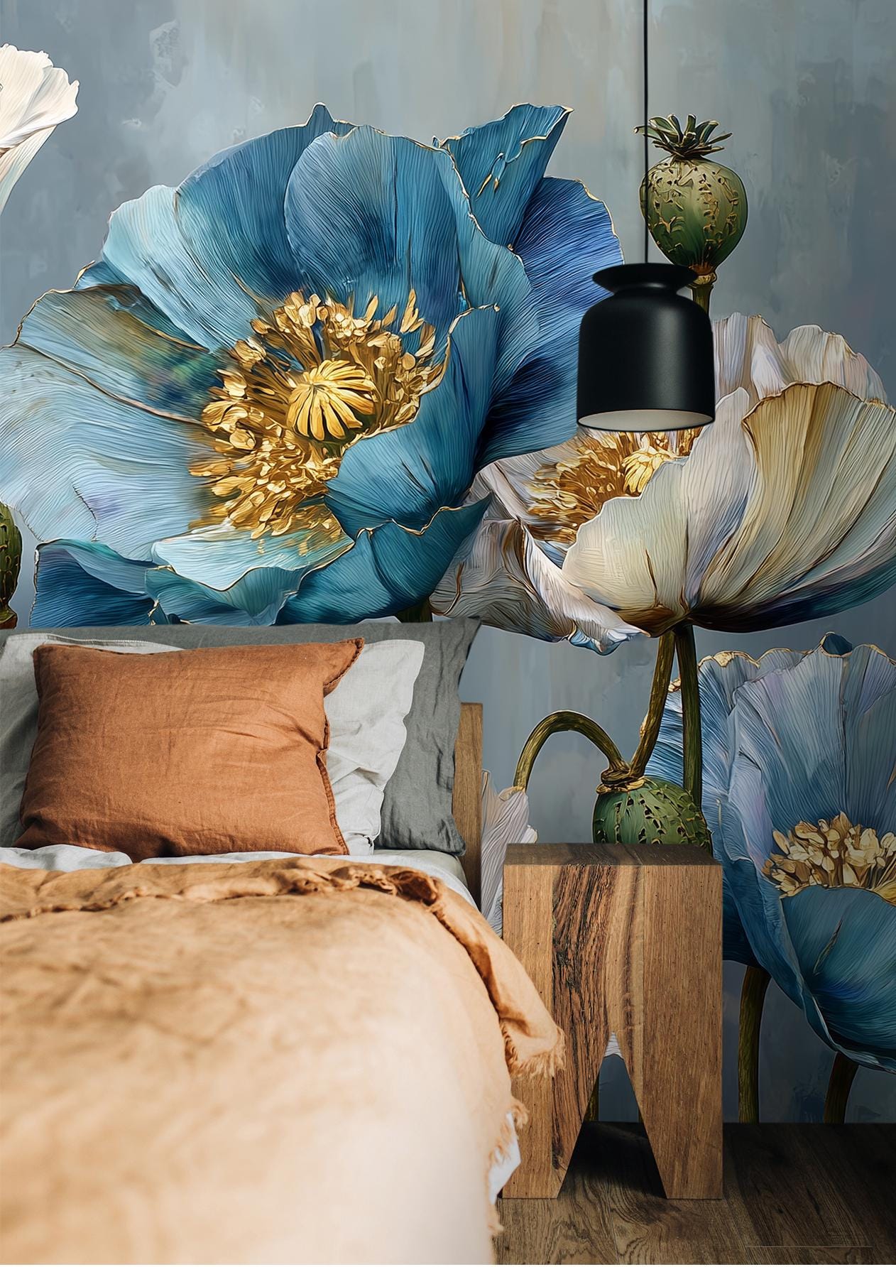 Blue Poppy Flower Hand Floral Wallpaper – detail view, Golden Era Walls