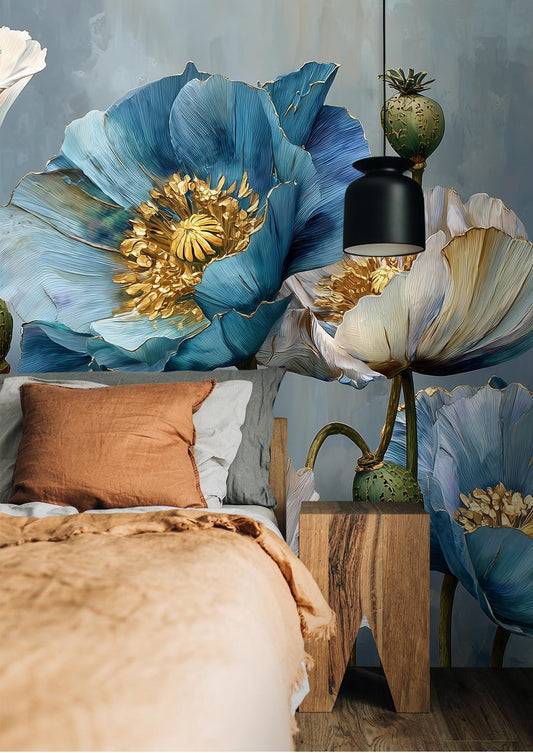 Blue Poppy Flower Hand Floral Wallpaper – detail view, Golden Era Walls
