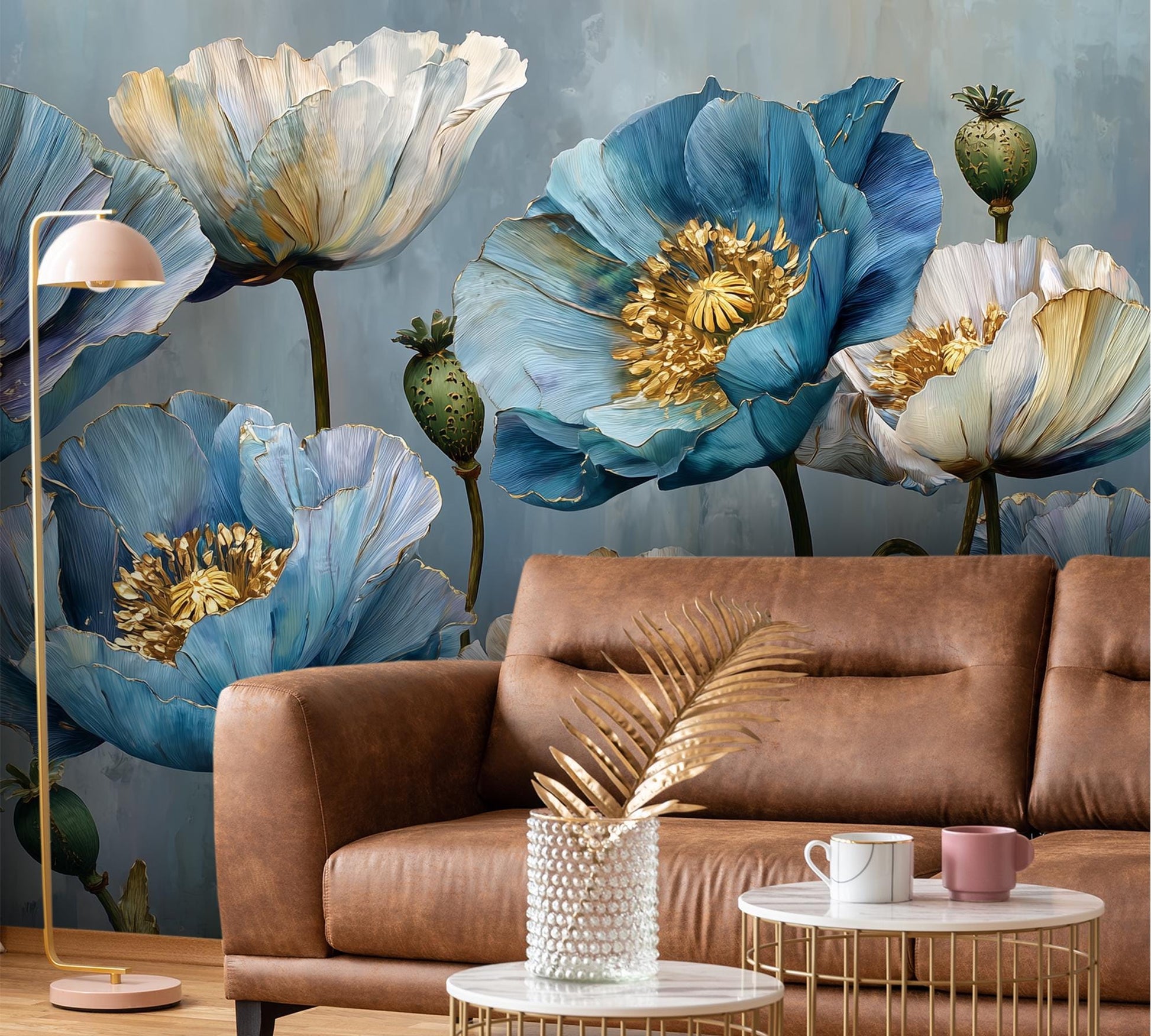 Blue Poppy Flower Hand Floral Wallpaper – lifestyle view, Golden Era Walls