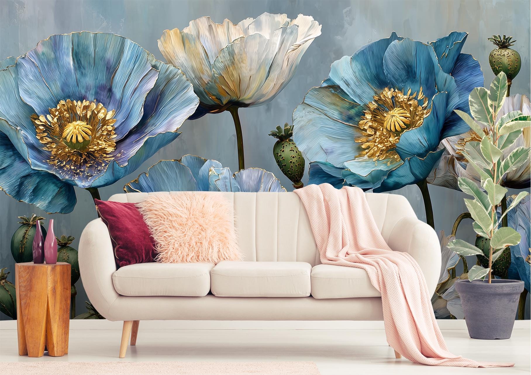 Blue Poppy Flower Hand Floral Wallpaper – scale reference, Golden Era Walls