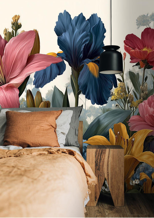 Bold Botanical Symphony Vibrant Floral Wallpaper – lifestyle view, Golden Era Walls
