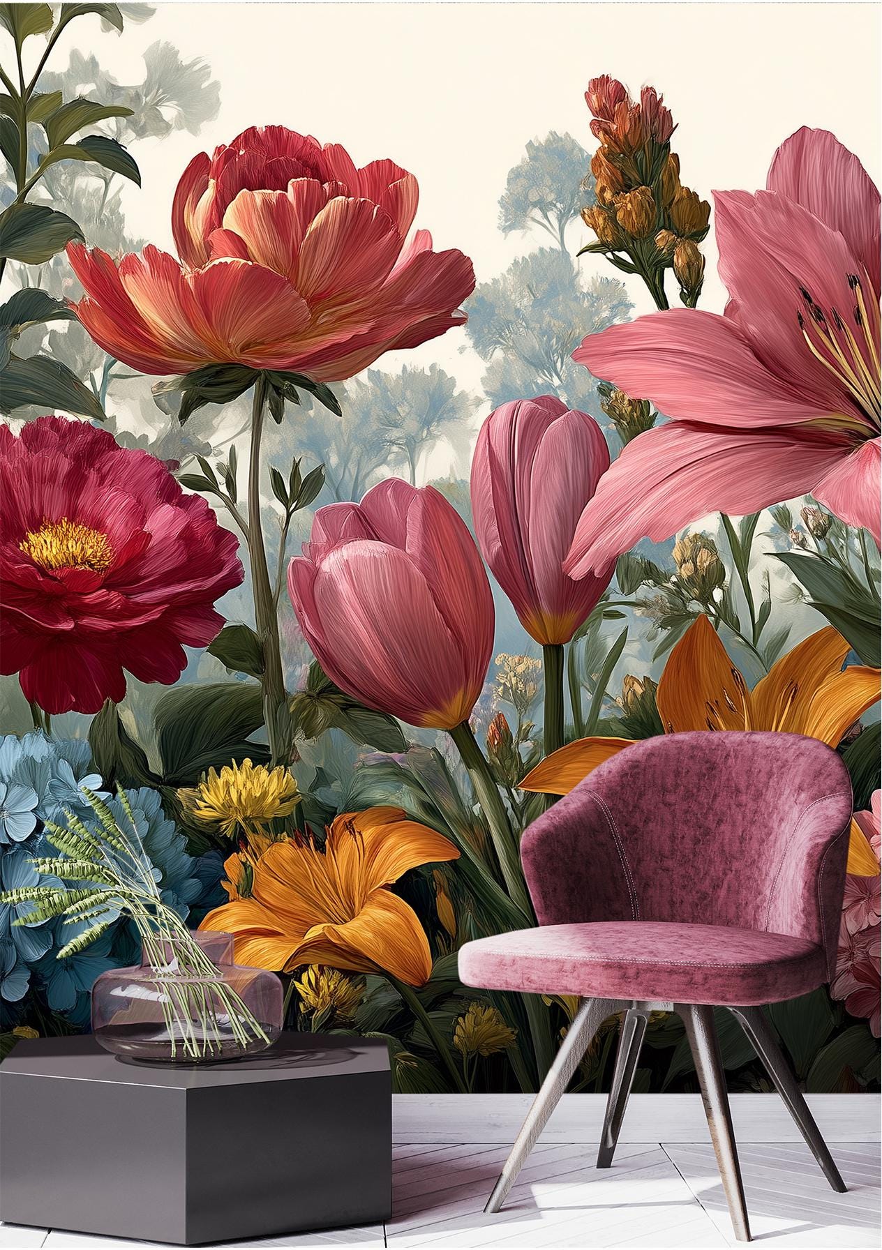 Bold Botanical Symphony Vibrant Floral Wallpaper – peel and stick wallpaper mural, Golden Era Walls