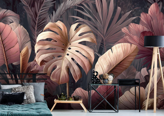 Bold Tropical Leaf Monstera Floral Wallpaper – room setting, Golden Era Walls