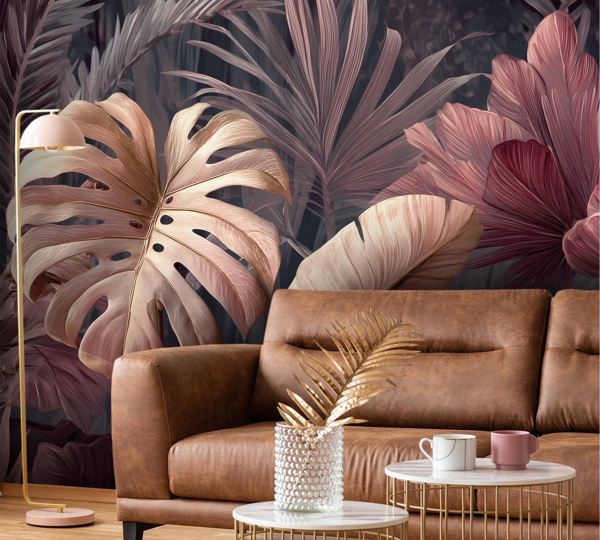 Bold Tropical Leaf Monstera Floral Wallpaper – lifestyle view, Golden Era Walls