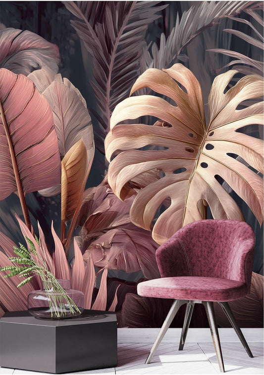 Bold Tropical Leaf Monstera Floral Wallpaper – peel and stick wallpaper mural, Golden Era Walls