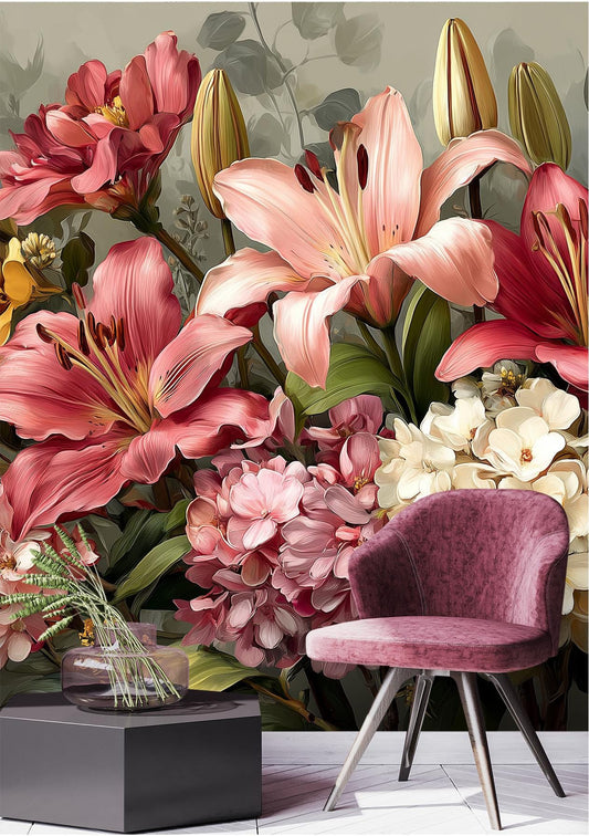 Botanical Bloom Elegant Watercolor Floral Wallpaper – room setting, Golden Era Walls