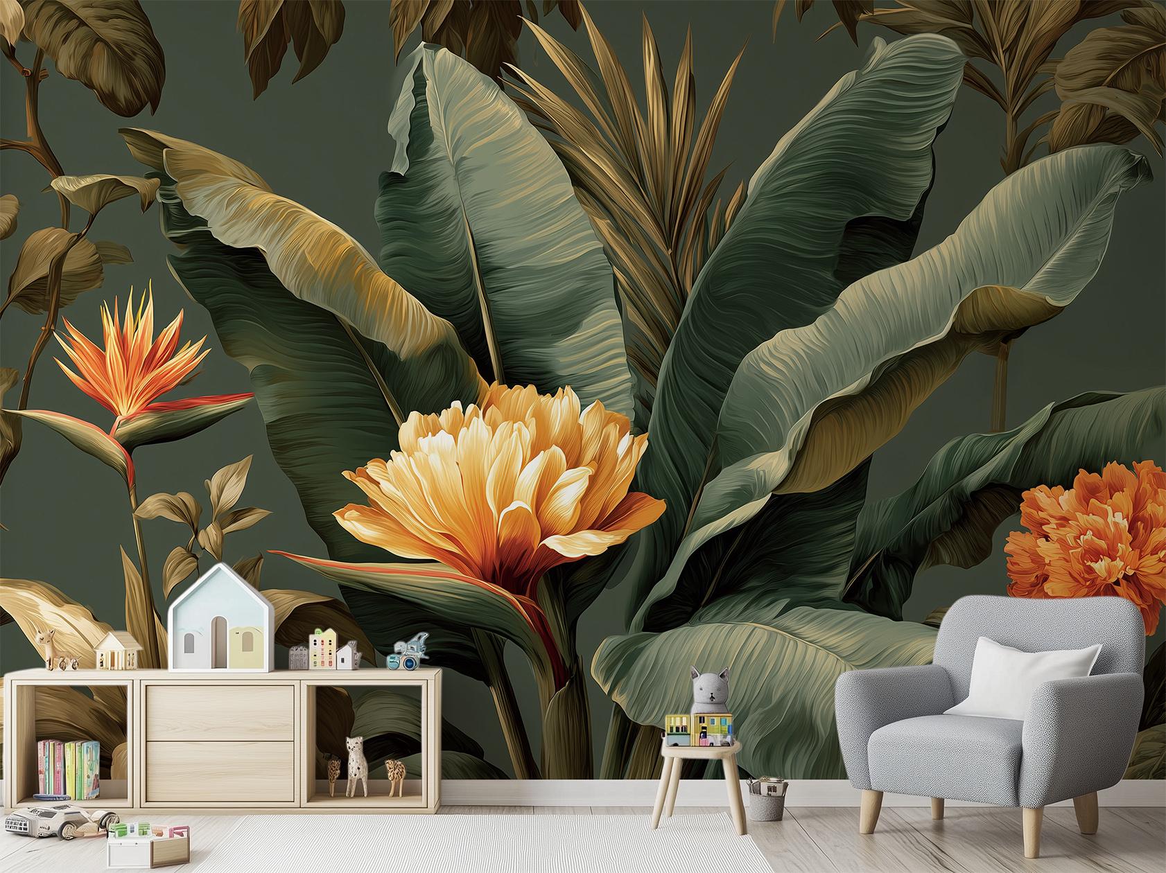 Botanical Rainforest Lush Green Floral Wallpaper – room setting, Golden Era Walls