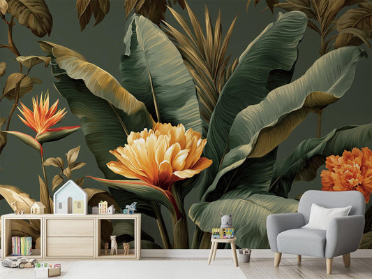 Botanical Rainforest Lush Green Floral Wallpaper – room setting, Golden Era Walls