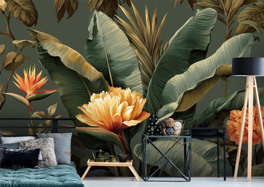 Botanical Rainforest Lush Green Floral Wallpaper – peel and stick wallpaper mural, Golden Era Walls