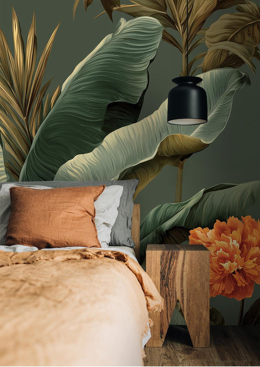 Botanical Rainforest Lush Green Floral Wallpaper – detail view, Golden Era Walls