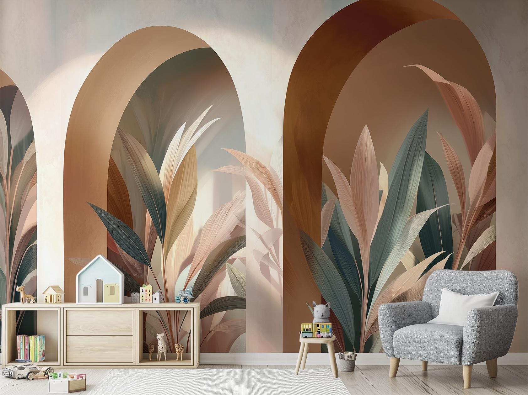 Botanical Terracotta Arches Or Floral Wallpaper – scale reference, Golden Era Walls
