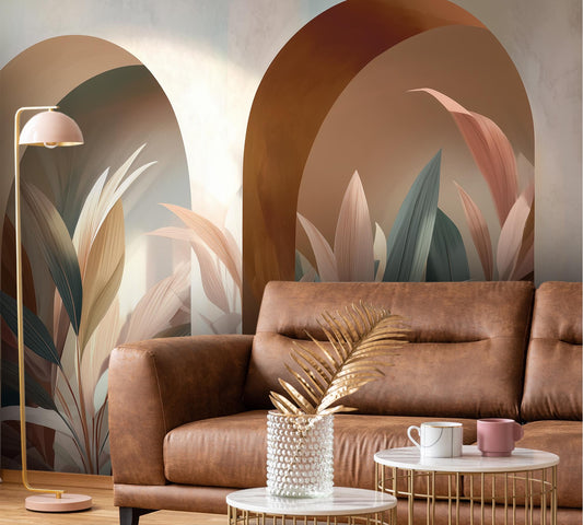 Botanical Terracotta Arches Or Floral Wallpaper – lifestyle view, Golden Era Walls