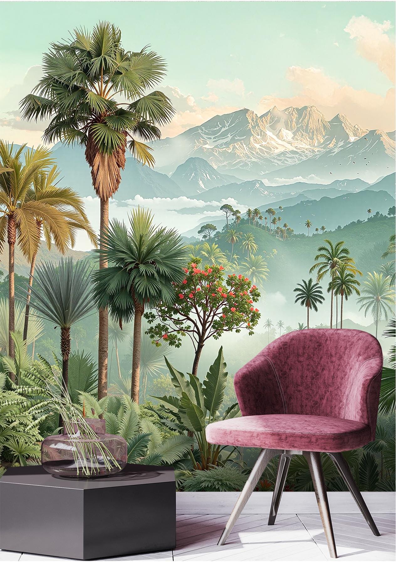 Botanical Tropical Exotic Palm Floral Wallpaper – lifestyle view, Golden Era Walls
