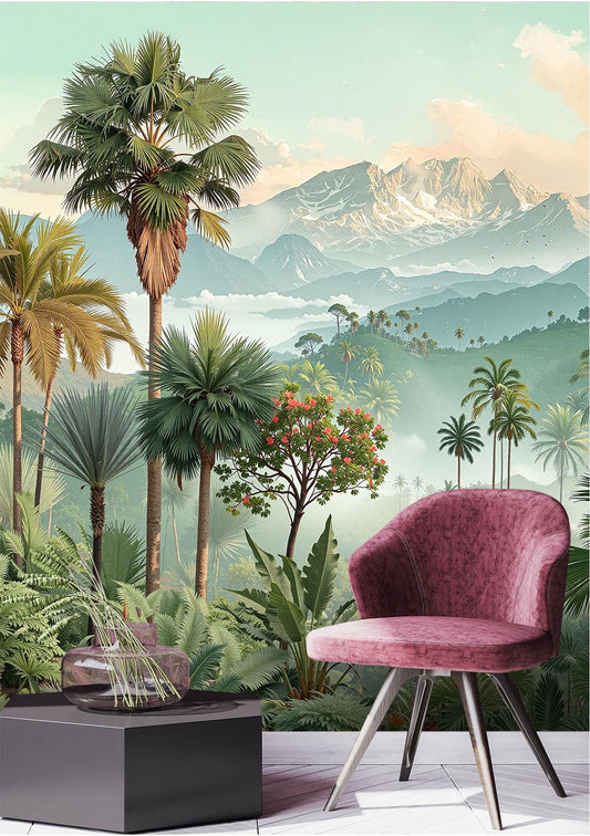 Botanical Tropical Exotic Palm Floral Wallpaper – lifestyle view, Golden Era Walls