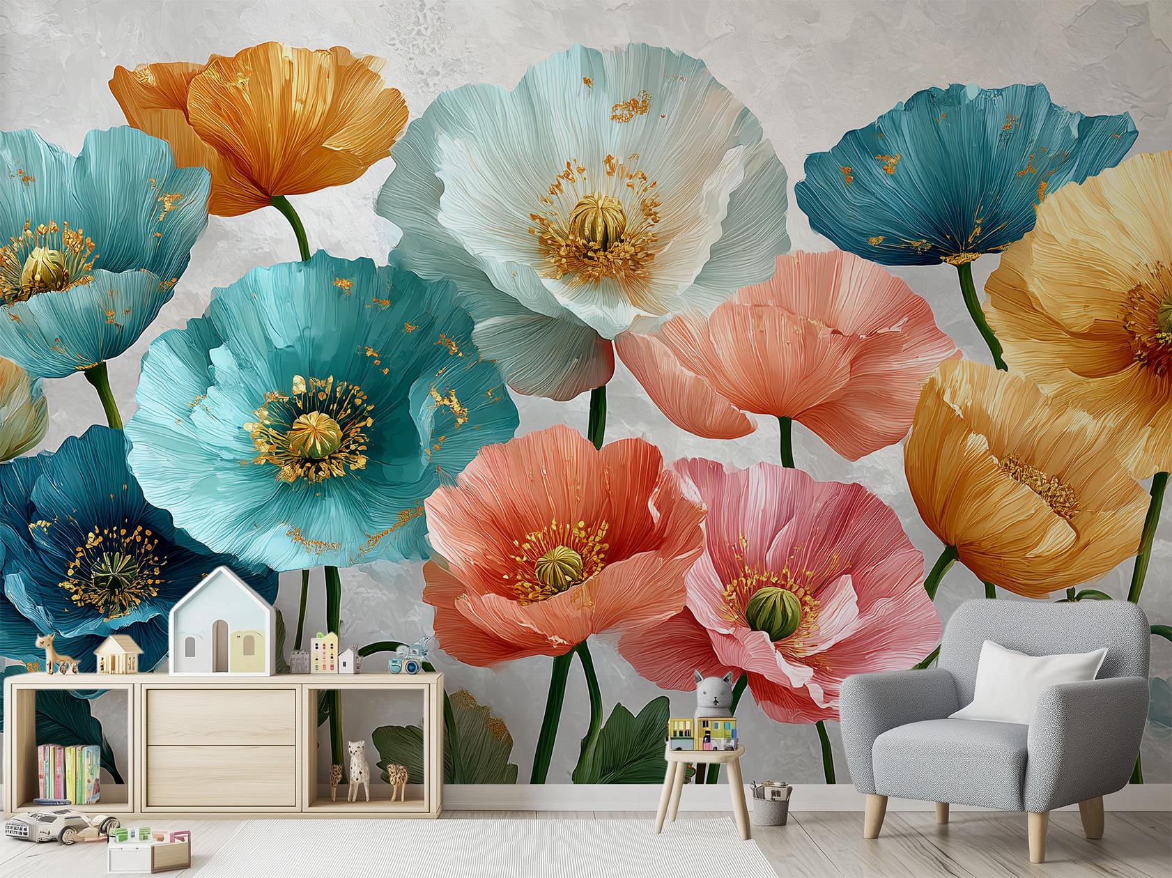 Bright Floral Dreamy Poppies Floral Wallpaper – peel and stick wallpaper mural, Golden Era Walls