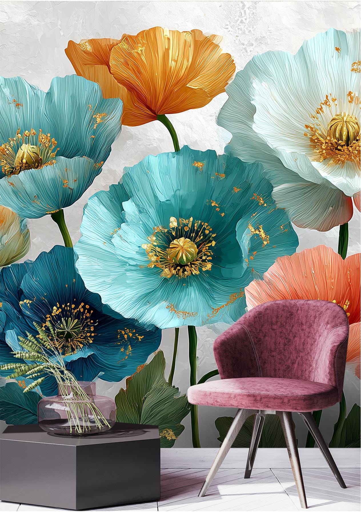 Bright Floral Dreamy Poppies Floral Wallpaper – alternate view, Golden Era Walls