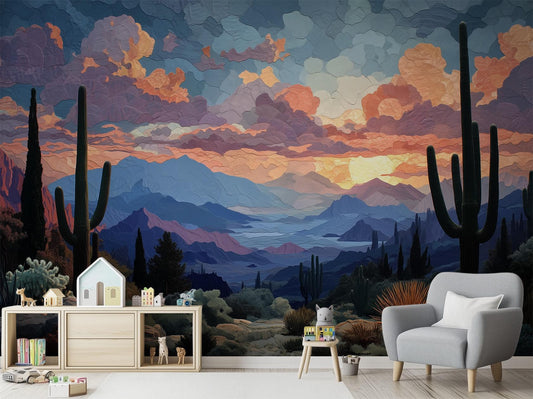 Cactus Sunset Expansive Desert Wallpaper – peel and stick wallpaper mural, Golden Era Walls