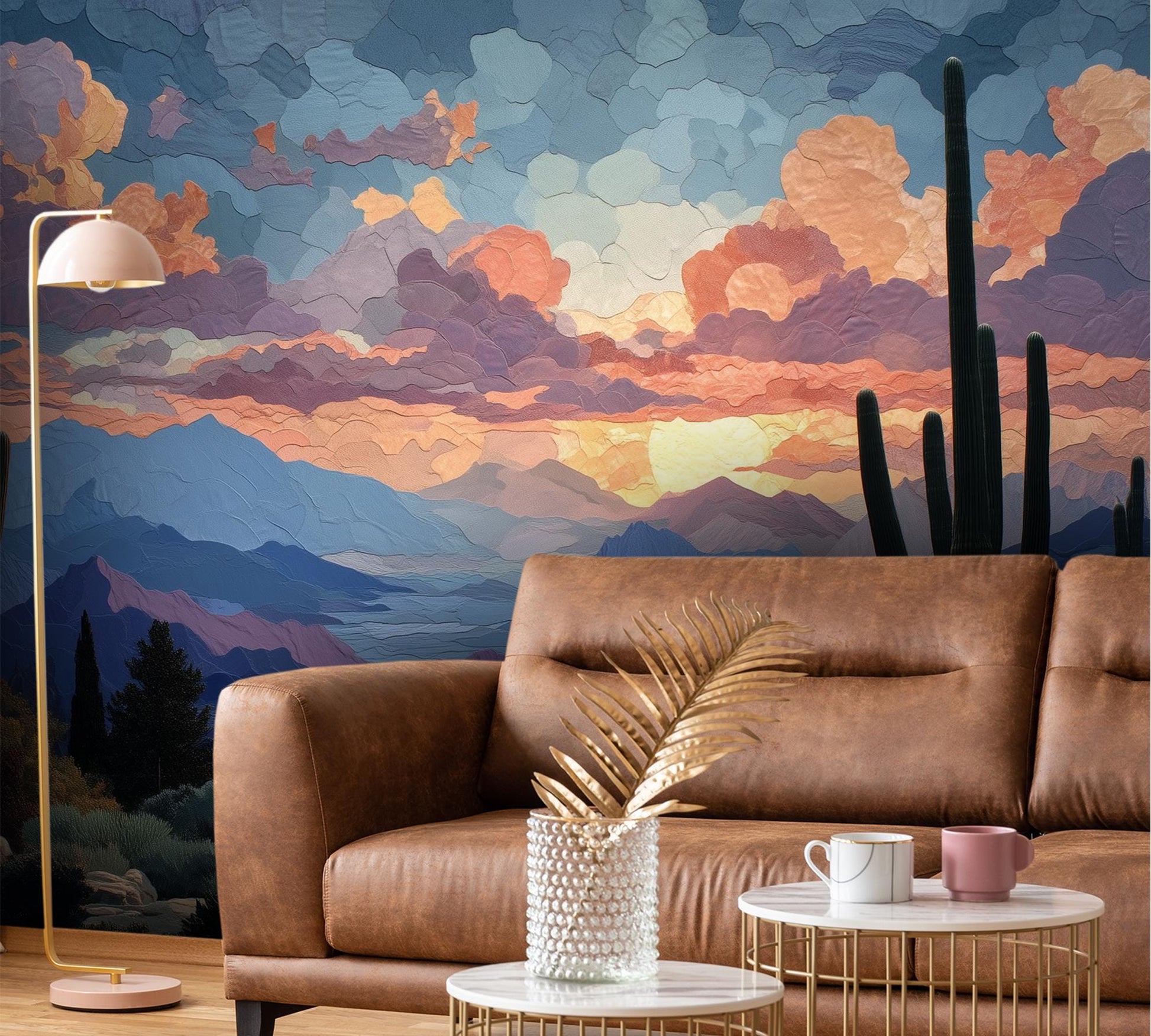 Cactus Sunset Expansive Desert Wallpaper – scale reference, Golden Era Walls