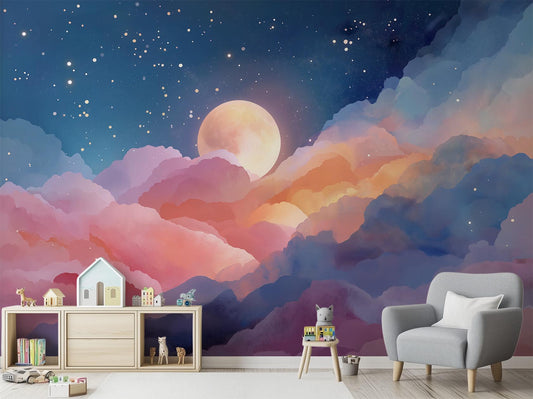 Celestial Clouds Full Moon Geometric Wallpaper – room setting, Golden Era Walls